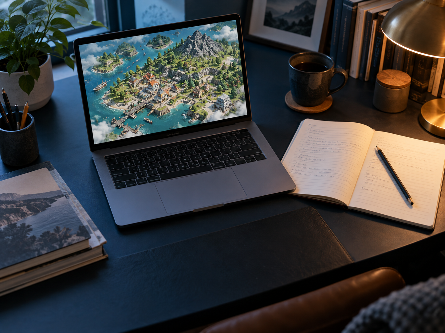 Laptop and notebook on a desk used for researching online games